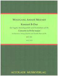 Mozart, Wolfgang Amadeus: Konzert B-Dur KV 191 für Fagott, Streichquartett und Kontrabas ad lib., Partitur und Stimmen 