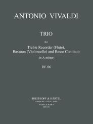 Vivaldi, Antonio: Trio a-Moll RV86 für Altblockflöte (Flöte), Fagott (Violoncello) und Bc, Partitur und Stimmen 